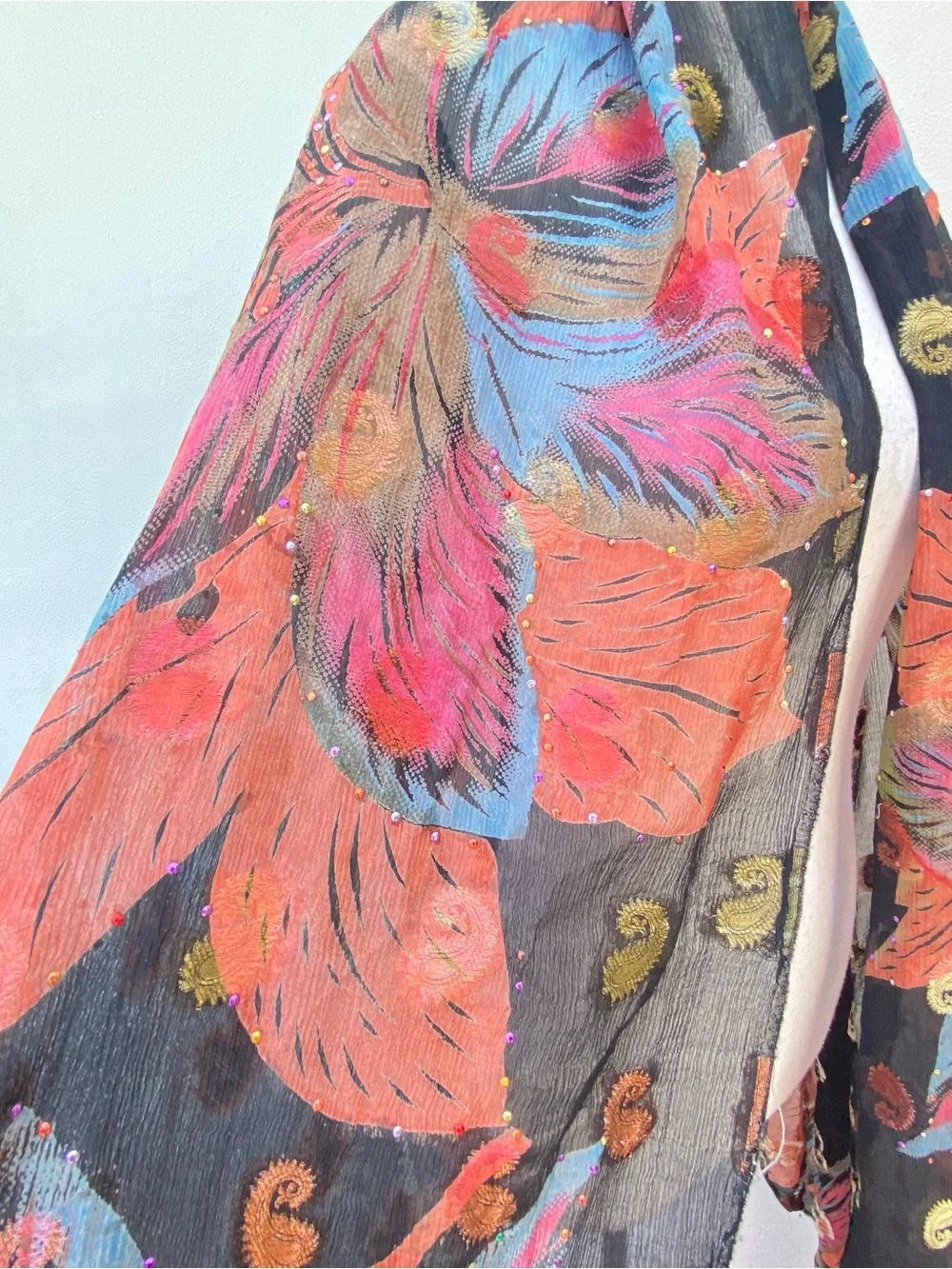 Whimsy 100% Silk Black Multicolor Floral Paisley Embroidered Rhinestone Shawl